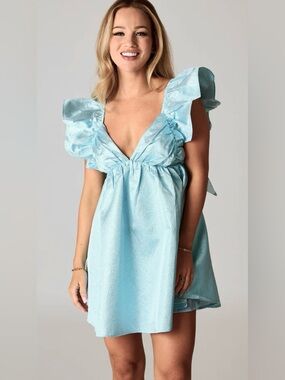 Buddy Love Blue Metallic Ruffle Sleeve Bow Back Mini Dress XS NWOT